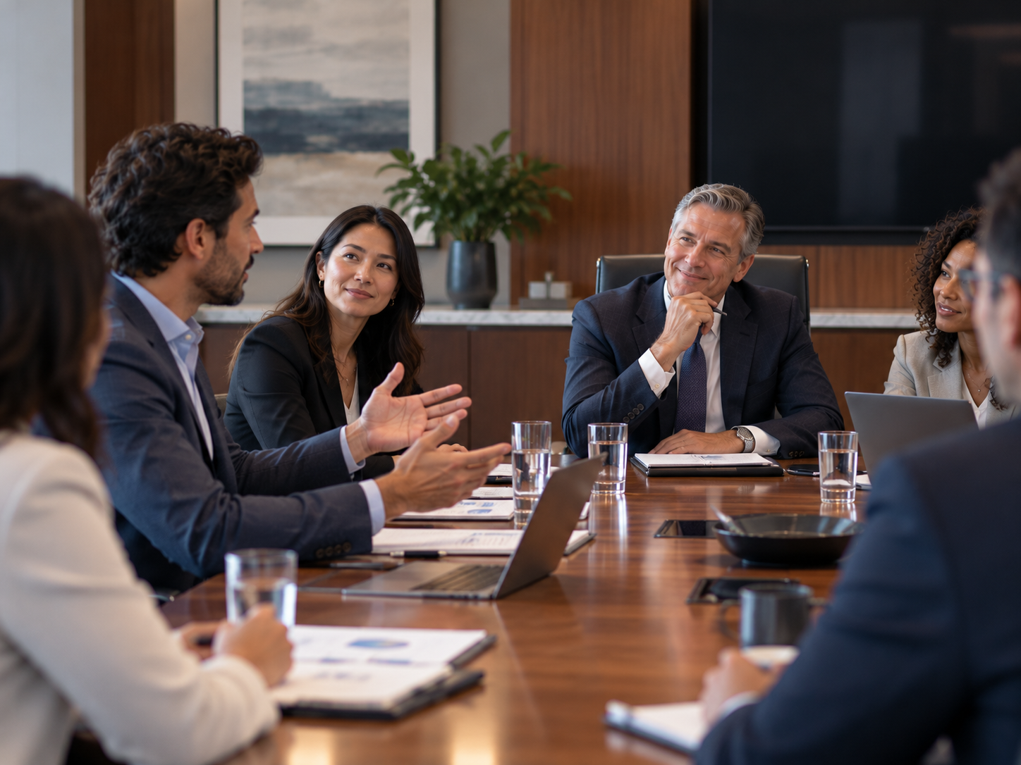A focused team collaborating in a business meeting