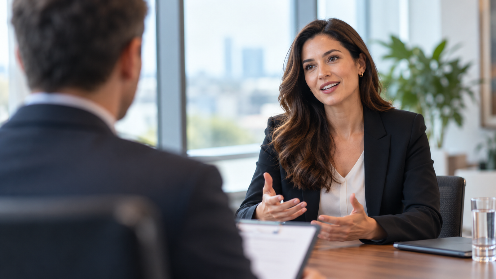 A confident professional speaking during a work conversation