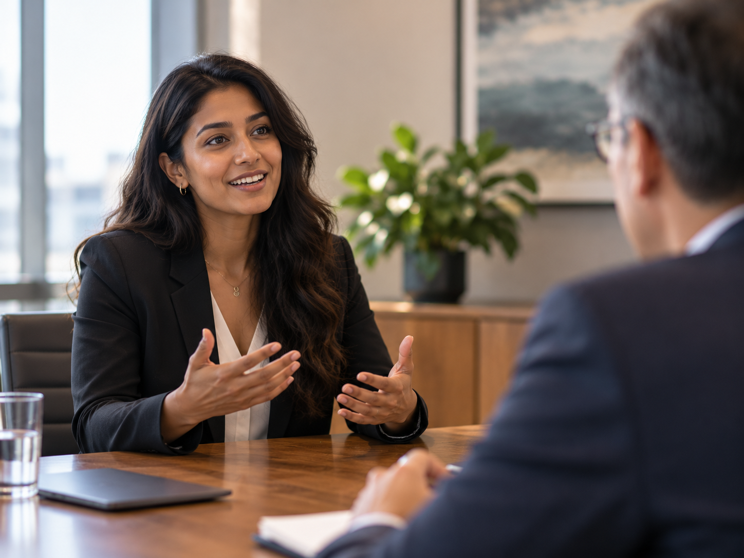 A candidate confidently answering a job interview question