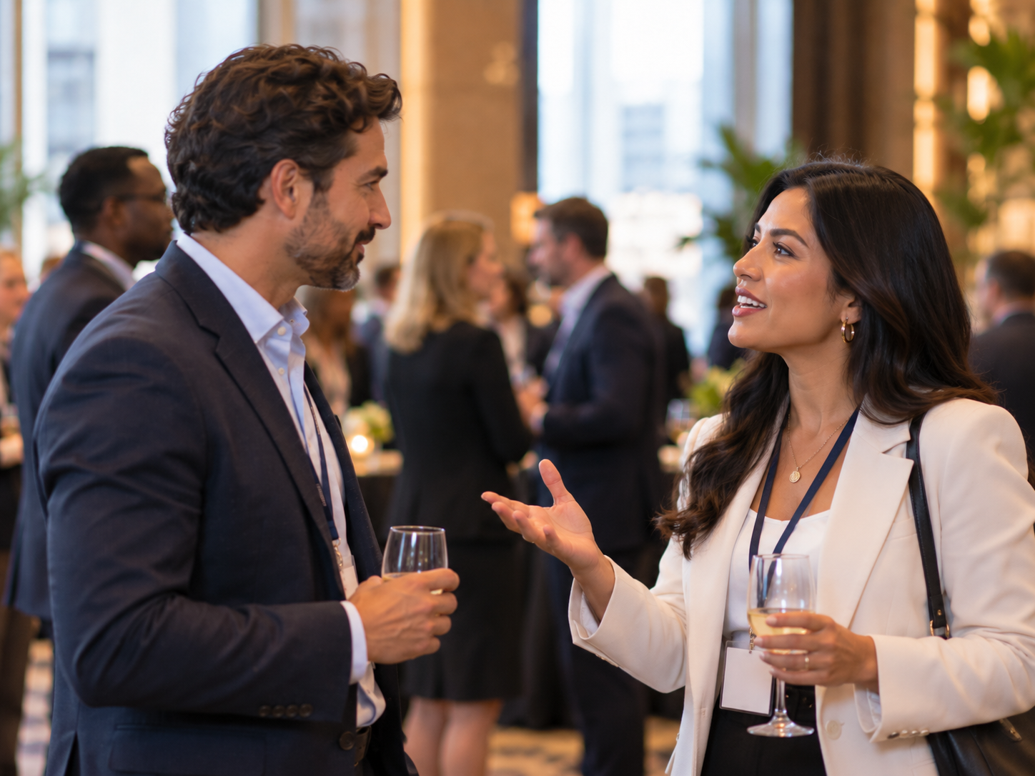 Professionals confidently networking at an industry event