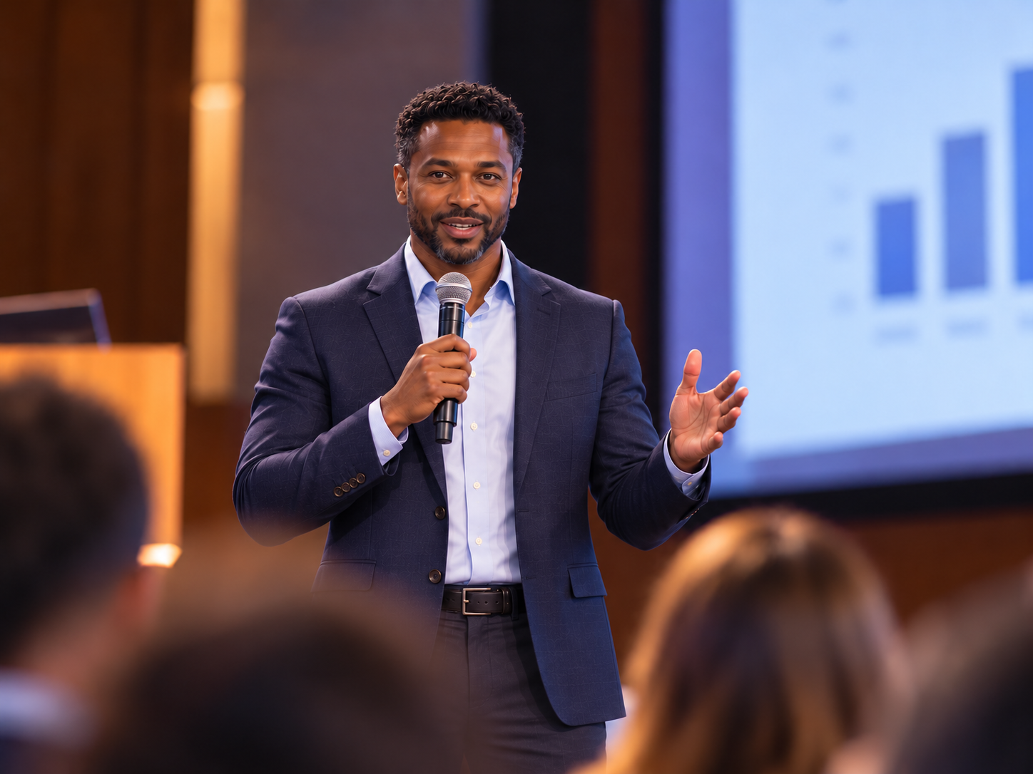 A speaker delivering a confident presentation to an audience